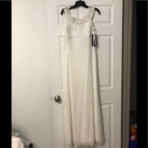 Betsy & Adam White Chiffon Shutter Pleat Evening